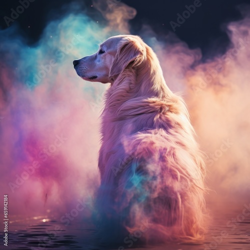 A large white dog sitting on a colorful background