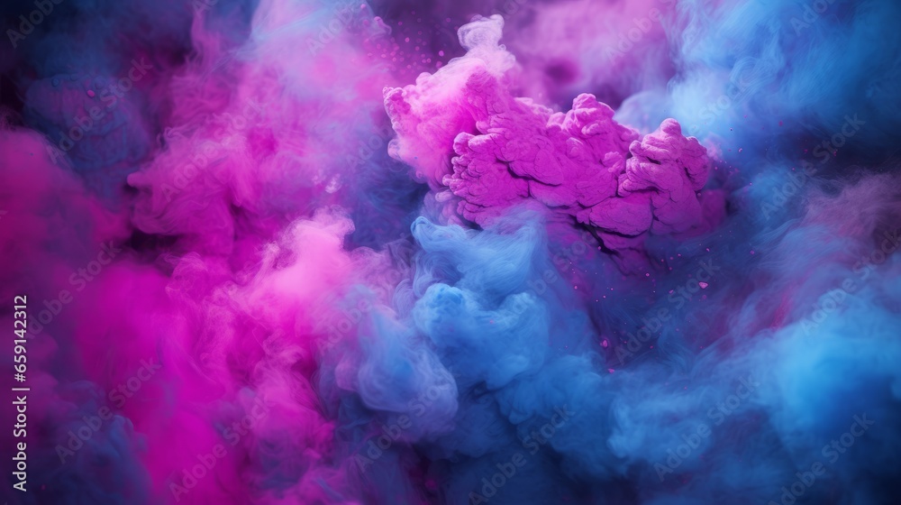 A vibrant pink and blue cloud of smoke