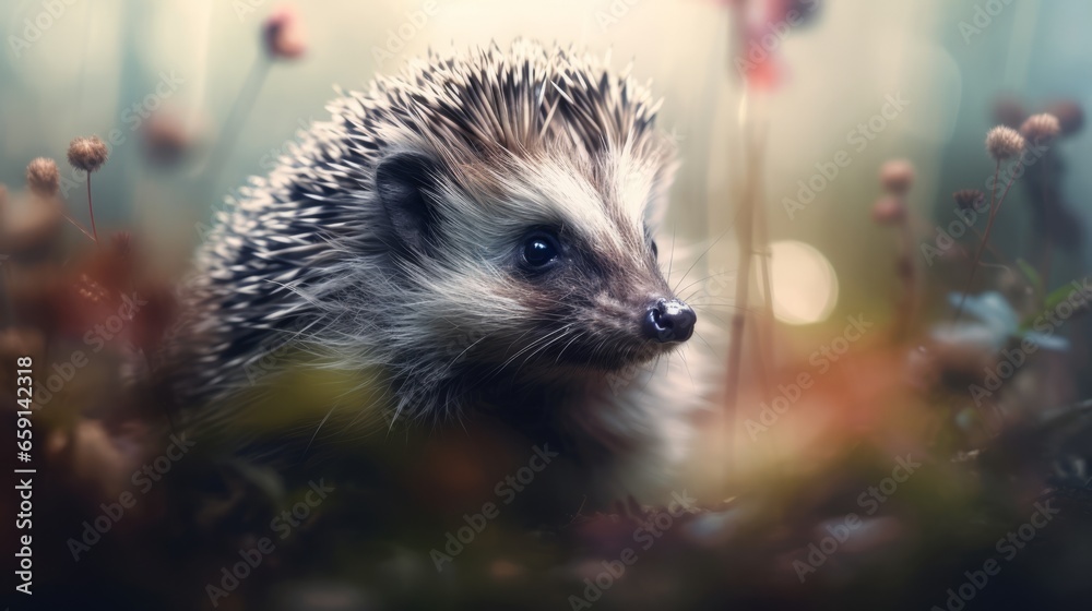 A hedgehog walking through a field of flowers A hedgehog walking through a field of flowers