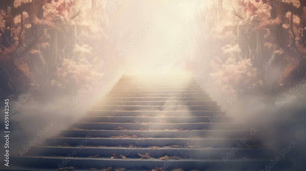 Fototapeta premium Stairs leading to a bright light at the end of a tunnel