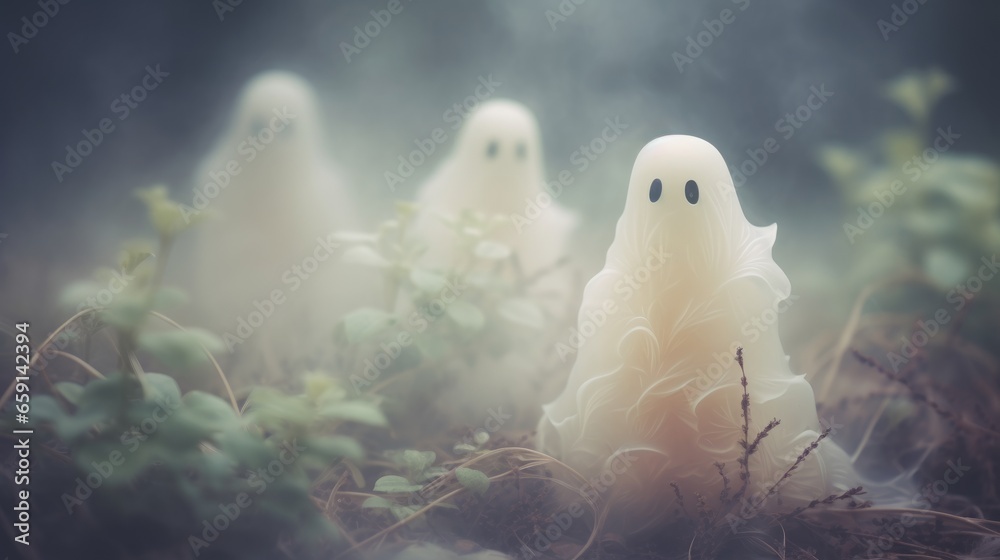 A group of ghost like figures standing in the grass - obrazy, fototapety, plakaty 