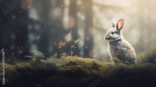 A rabbit sitting in the middle of a forest
