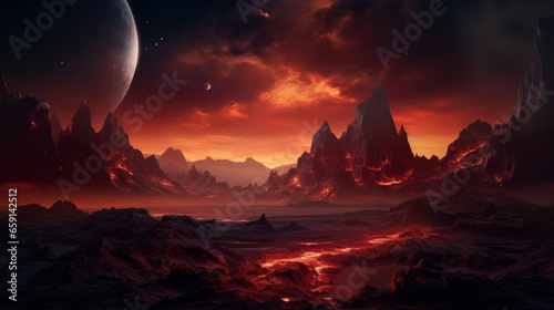 An alien landscape with mountains and planets in the background