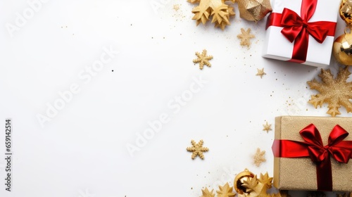 Christmas and New Year holiday background Xmas greeting card Christmas gifts on white background top view