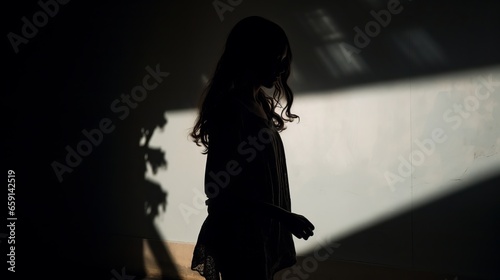 A woman standing in the shadows of a wall