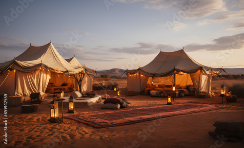 Authentic Bedouin-style tents placed within the desert's heat