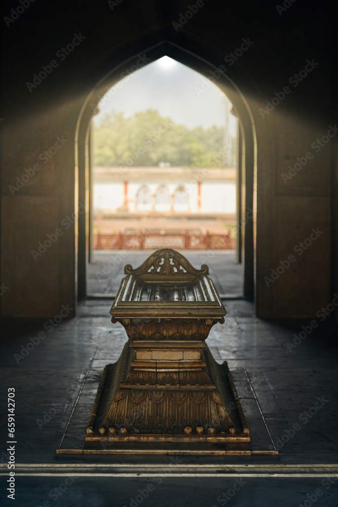 Tomb of Safdar Jang mausoleum in New Delhi, India, ancient indian marble grave of Nawab Safdarjung - obrazy, fototapety, plakaty 