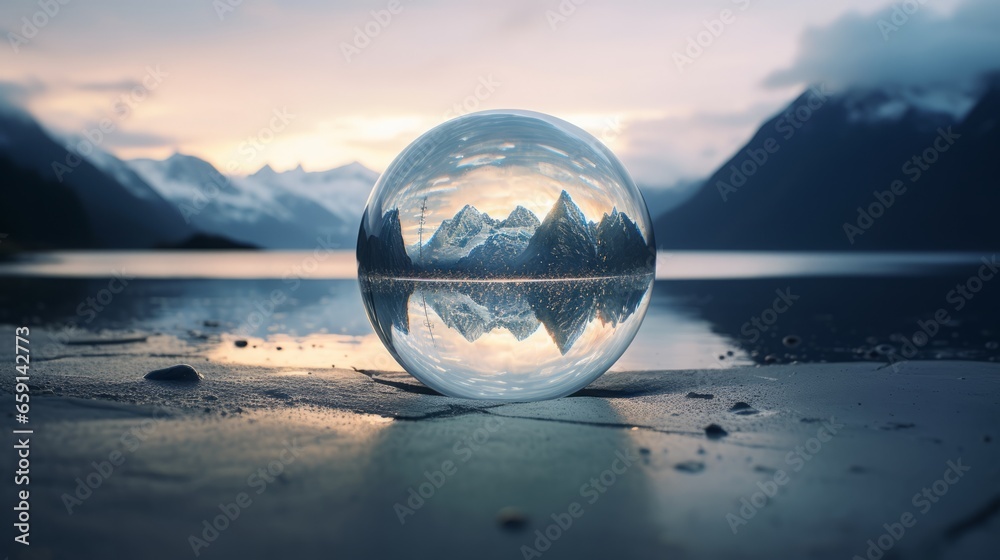 A glass ball sitting on top of a sandy beach A glass ball sitting on top of a sandy beach