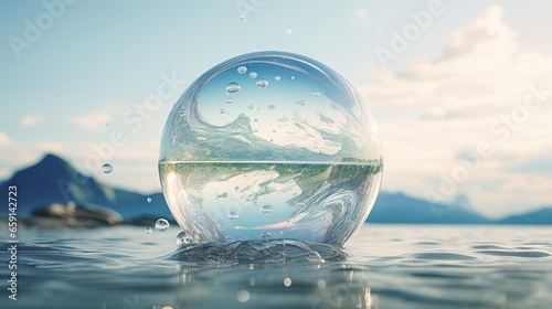 A glass ball floating on top of a body of water