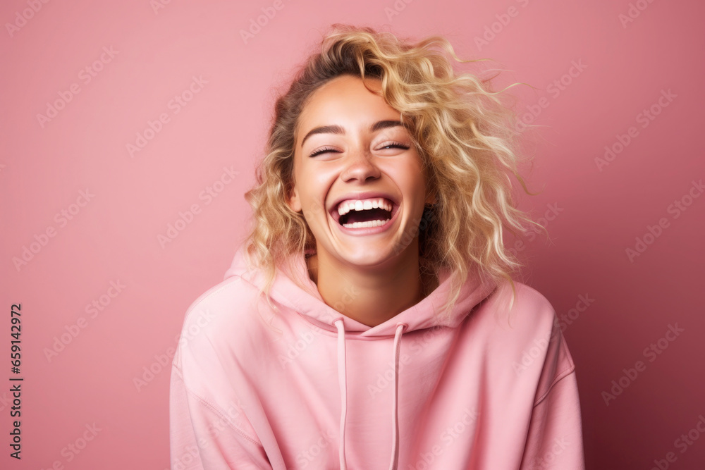 Young beautiful blonde girl with curly hair in a pink hoodie laughs fervently on a pink background. Human emotions, joy, laughter, happiness. Modern student Young beautiful blonde girl with curly hair in a pink hoodie laughs fervently on a pink background. Human emotions, joy, laughter, happiness. Modern student