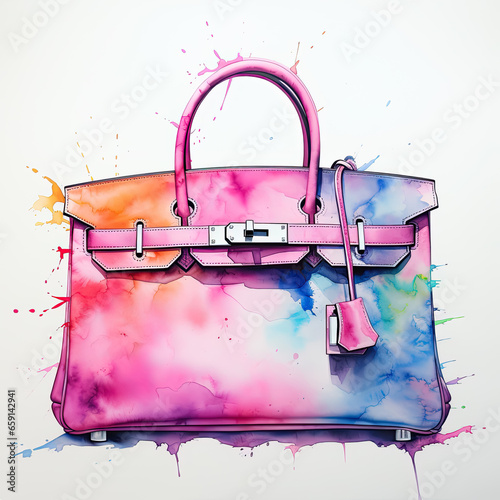 Generative AI, watercolor illustration of a leather bag, clutch, style, accessory, fashion, beauty, crossbody, shopping, store, sale, female, drawing, white background