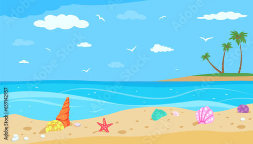 Shells on beach. Ocean landscape  travel or vacation banner. Illustration with sea  clouds and shell on sand  island with palms. Nature nowaday vector scene