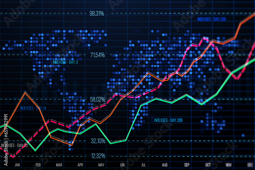 Creative business graph with index, map and grid on dark background. Stock market and financial statistics concept. 3D Rendering.