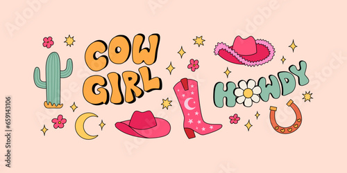 Set of cowgirl accessories and groovy lettering. Cowboy boots, hat, cactus and horseshoe. Vector illustration in retro style