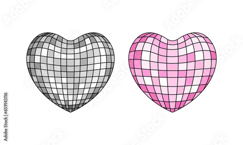 Set of heart shaped disco balls in retro style. Vector outline illustration on isolated background