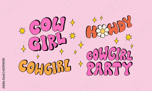 Set of groovy cowgirl lettering. Howdy, cowgirl party. Cute retro cartoon vector illustration quotes in cowboy girly western concept.
