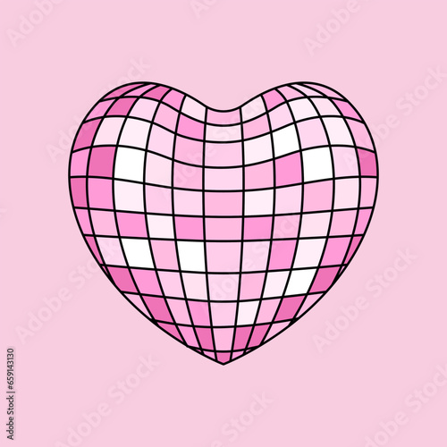 Pink heart shaped disco ball in retro style. Vector outline illustration on isolated background	