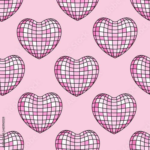 Seamless pattern with retro heart shaped disco balls. Vector holiday background