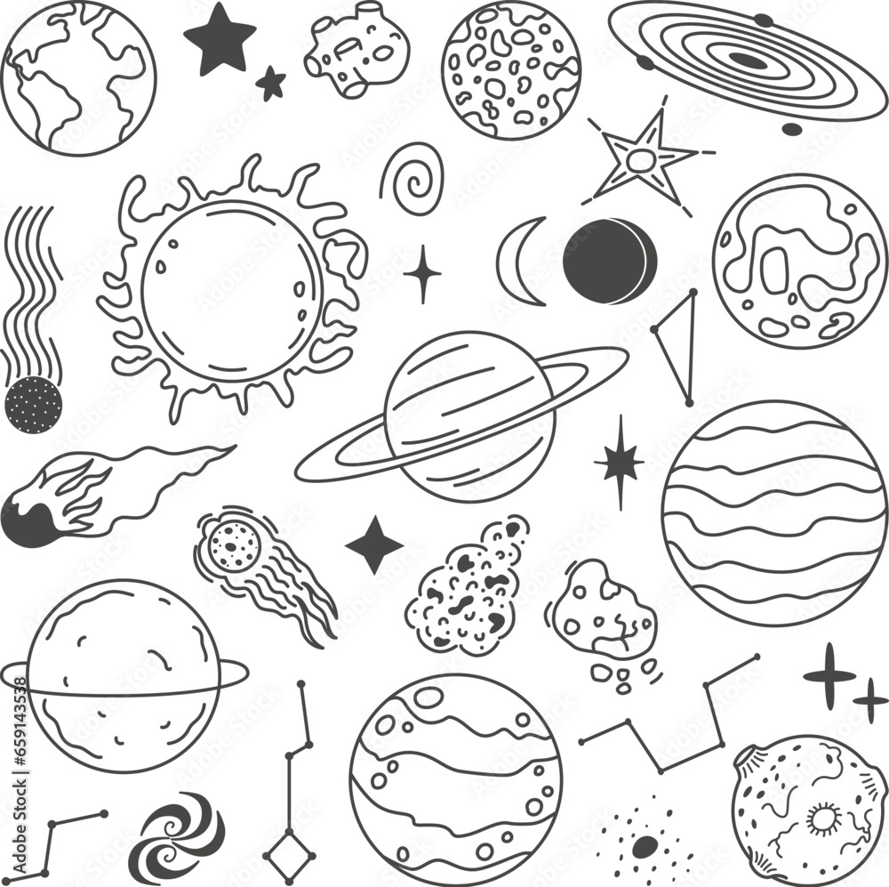Doodle planets, space sketch planet and stars. Astronomy icons, abstract sun, moon and earth. Solar system, celestial neoteric vector set