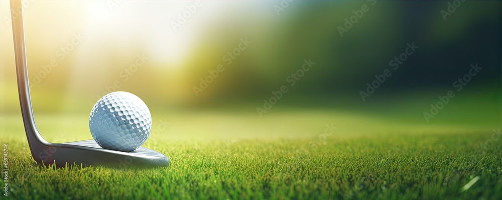 Golf tee on green meadow and white ball in cut grass ready to play golf. banner Golf tee on green meadow and white ball in cut grass ready to play golf. banner