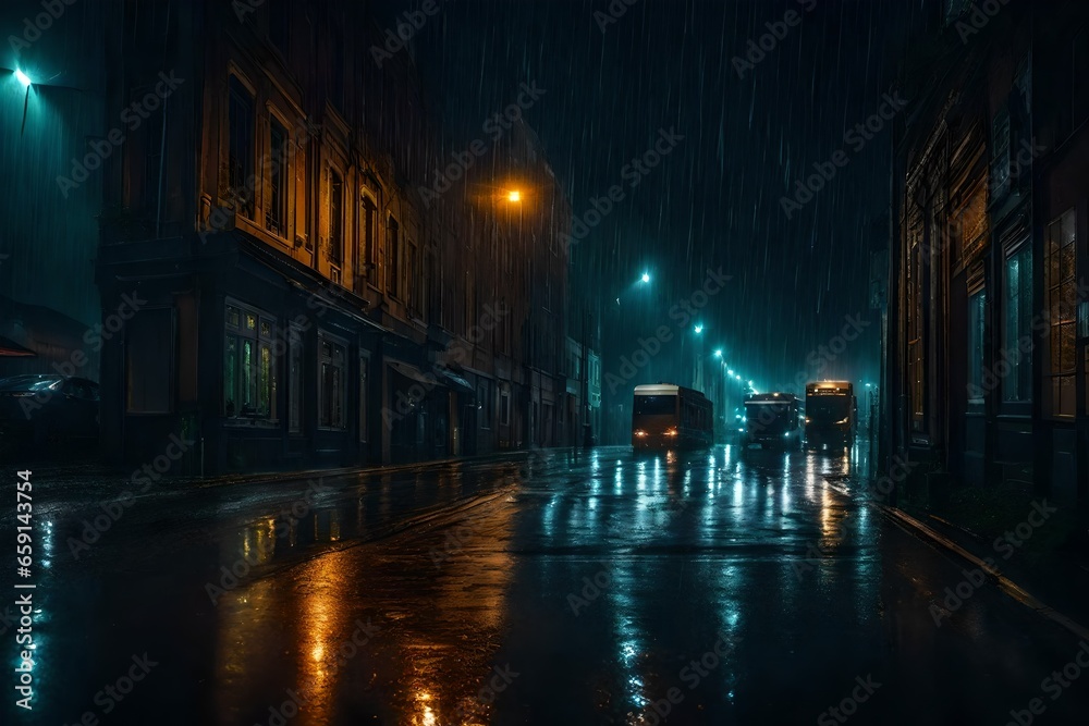 A RAINY NIGHT WICH IS DARK AND PEACEFULL BUT LONELY - AI Generative