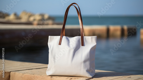 Textile blank eco bag on resort sea beach background. Shopping bag template space for branding and your print . Zero waste concept