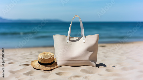 Fototapeta Naklejka Na Ścianę i Meble -  Textile blank eco bag on resort sea beach background. Shopping bag template space for branding and your print . Zero waste concept