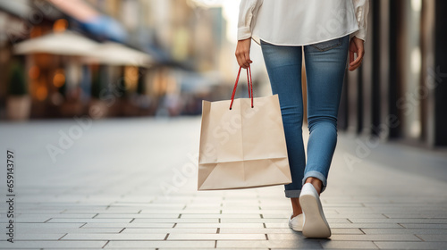 Female hands hold a plain paper shopping bag on a street background. Sale background.