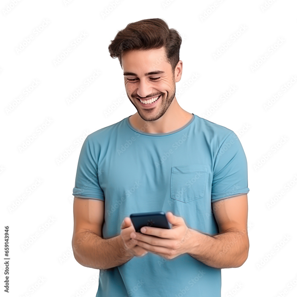 Handsome business man in blue t-shirt woth mobile phone isolated Handsome business man in blue t-shirt woth mobile phone isolated
