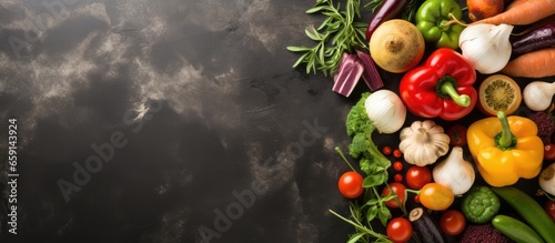 Slika na platnu Top down view of vibrant organic vegetables on a grey stone countertop