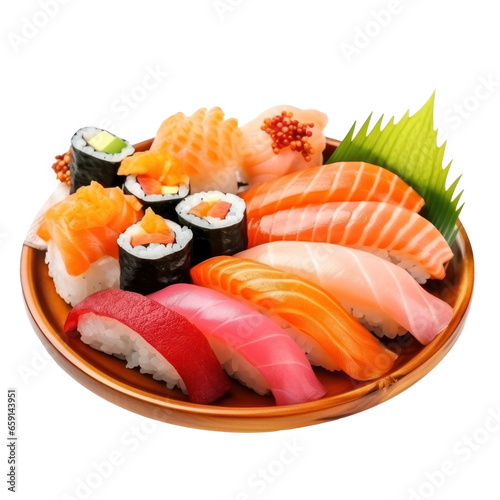 Sushi platter: Assorted sushi rolls and sashimi on a platter. isolated