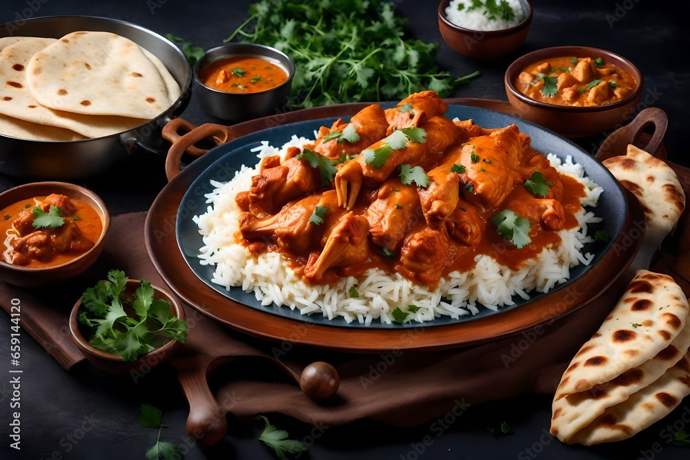 A plate of flavorful and aromatic Indian butter chicken with naan bread and basmati rice - AI Generative