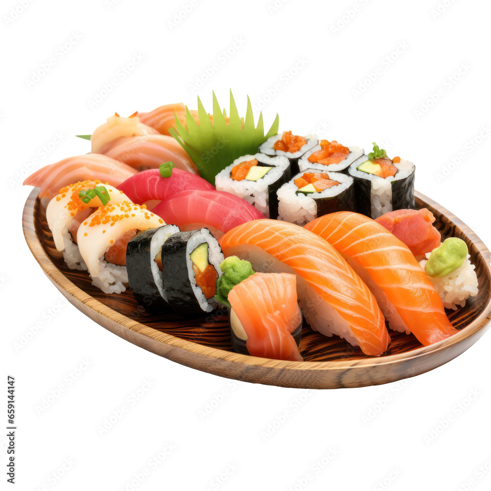 Sushi platter: Assorted sushi rolls and sashimi on a platter. isolated Sushi platter: Assorted sushi rolls and sashimi on a platter. isolated
