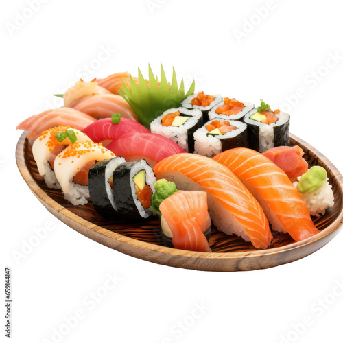 Sushi platter: Assorted sushi rolls and sashimi on a platter. isolated