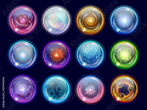 Realistic magic plasma spheres and energy balls. Flash lightning, colorful electric sparks. Decorative mystical glass ball pithy vector set