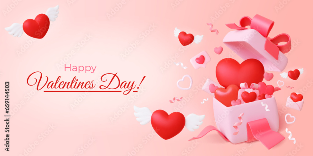 3d love banner. Valentines day poster with 3d hearts, gift box and message. Romantic present, lovely pink festive pithy vector background design