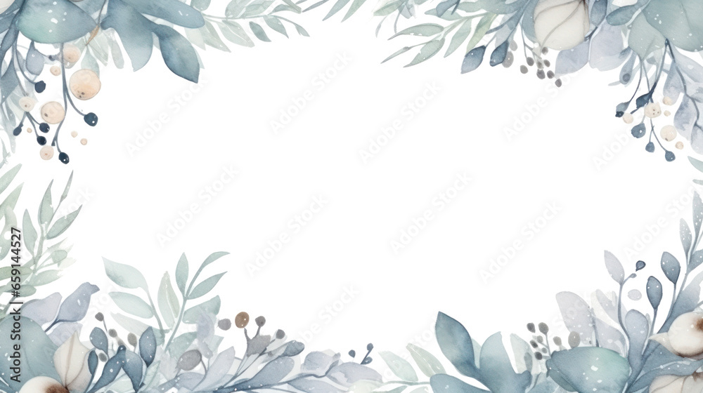 Winter foliage with watercolor splashes and a wooden frame