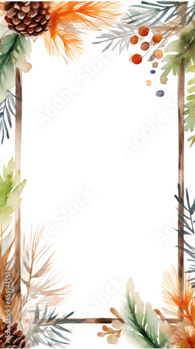 Winter foliage with watercolor splashes and a wooden frame
