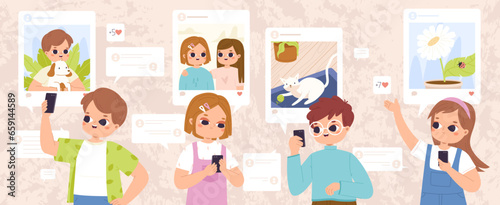 Children using social media with smartphones, posting and chatting. Cute toddlers with phones, doing likes and post photos, snugly vector concept