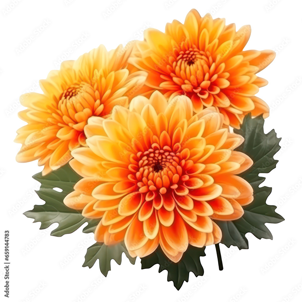 delicate orange chrysanthemum flowers, buds and leaves isolated over white background without shadow delicate orange chrysanthemum flowers, buds and leaves isolated over white background without shadow
