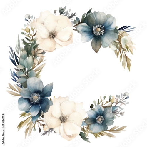 Elegant winter wreath with white flowers and a watercolor frame