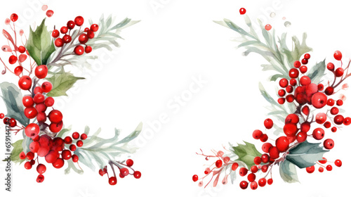 Festive watercolor Christmas wreath with red berries and a frame.