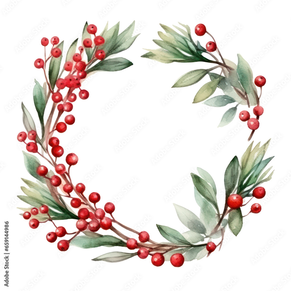 Fototapeta premium Festive watercolor Christmas wreath with red berries and a frame.