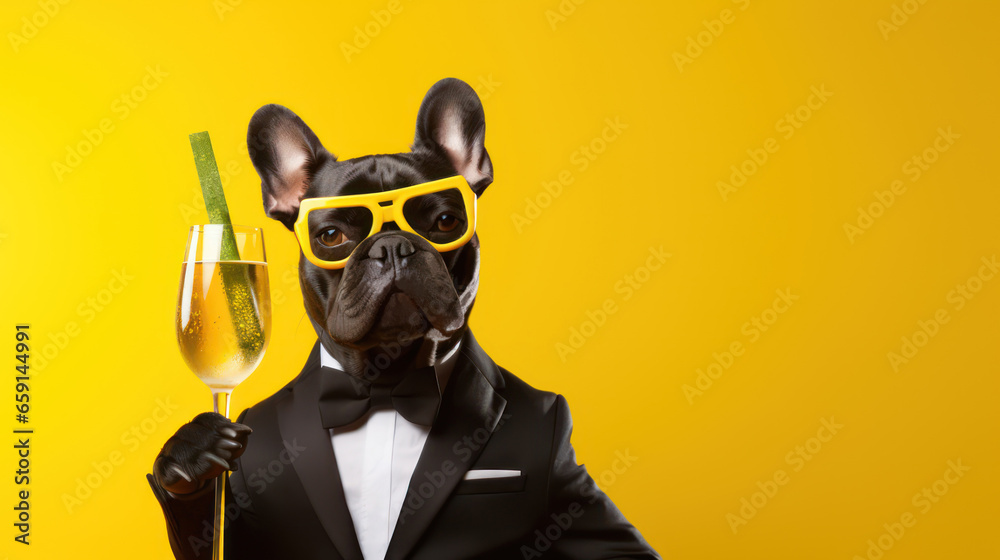 Lustige Bulldogge mit gelber Brille in einem Smoking. In der Hand ein Glas Sekt mit Riesenstrohhalm. Gelber Hintergrund mit Textfreiraum. - obrazy, fototapety, plakaty 