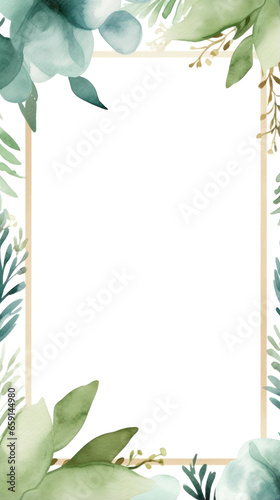 Winter foliage with watercolor splashes and a wooden frame