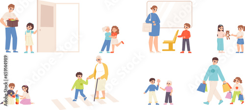 Good manners and polite kids. Cute good children in different situations in public transport and on street. Helping toddlers snugly vector scenes