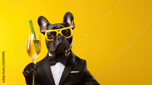Lustige Bulldogge mit gelber Brille in einem Smoking. In der Hand ein Glas Sekt mit Riesenstrohhalm. Gelber Hintergrund mit Textfreiraum. © Fotosphaere