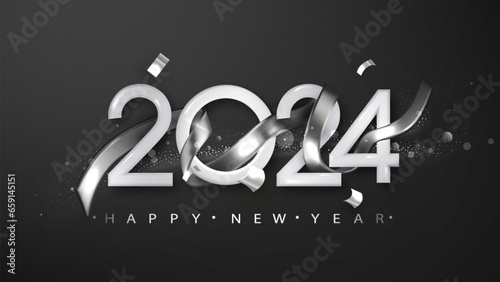 Happy New Year 2024 with silver realistic ribbon on black background. Vector realistic holiday illustration for Christmas holiday.