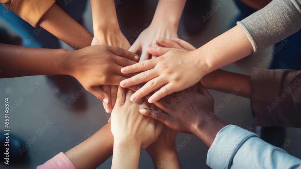 Stack of hands showing unity and teamwork Stack of hands showing unity and teamwork