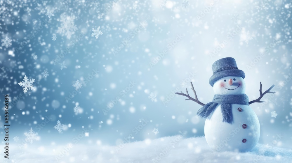 Christmas winter background with snow and blurred bokeh Merry christmas and happy new year greeting card with copy-space 